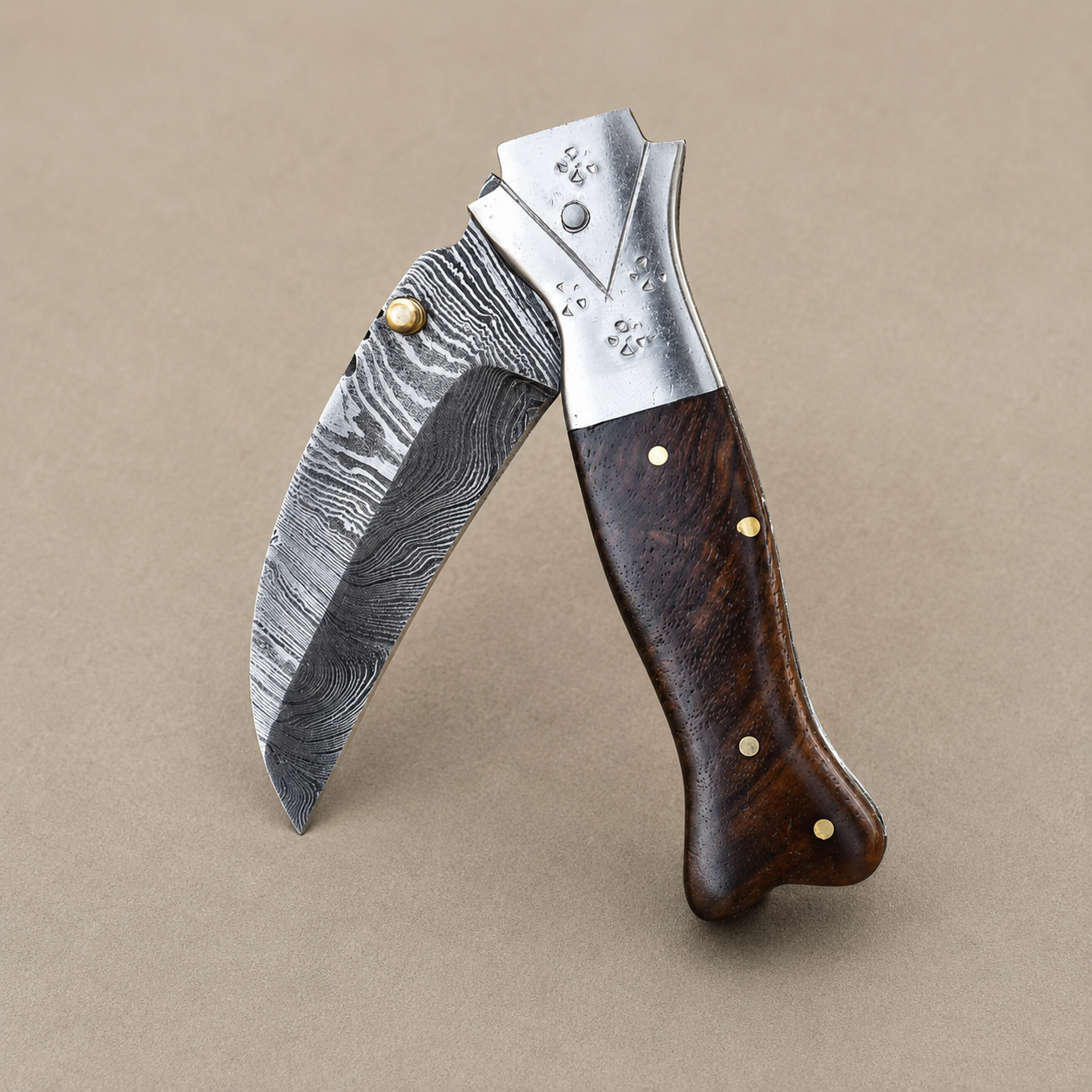 Hand Forged Damascus Steel Folding Pocket Knife with Wood Handle