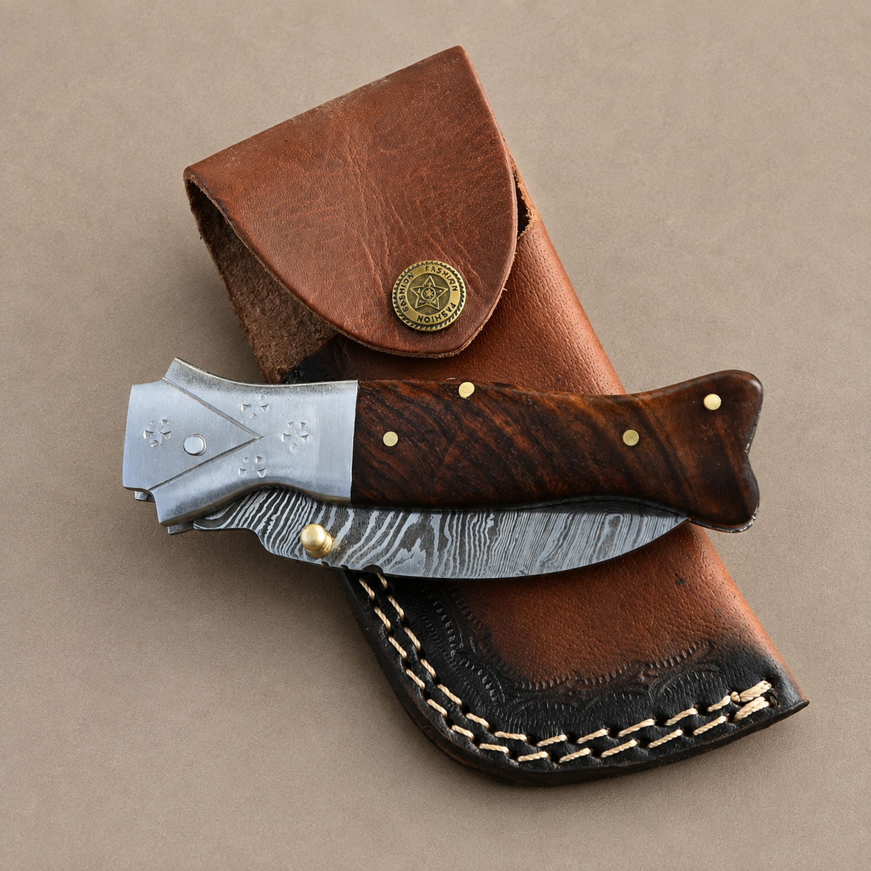 Hand Forged Damascus Steel Folding Pocket Knife with Wood Handle