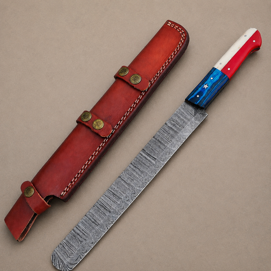 15” Premium Hand-Forged Damascus Steel Brisket Chef Knife – Texas Flag Handle | 512 Layers | Leather Sheath Included