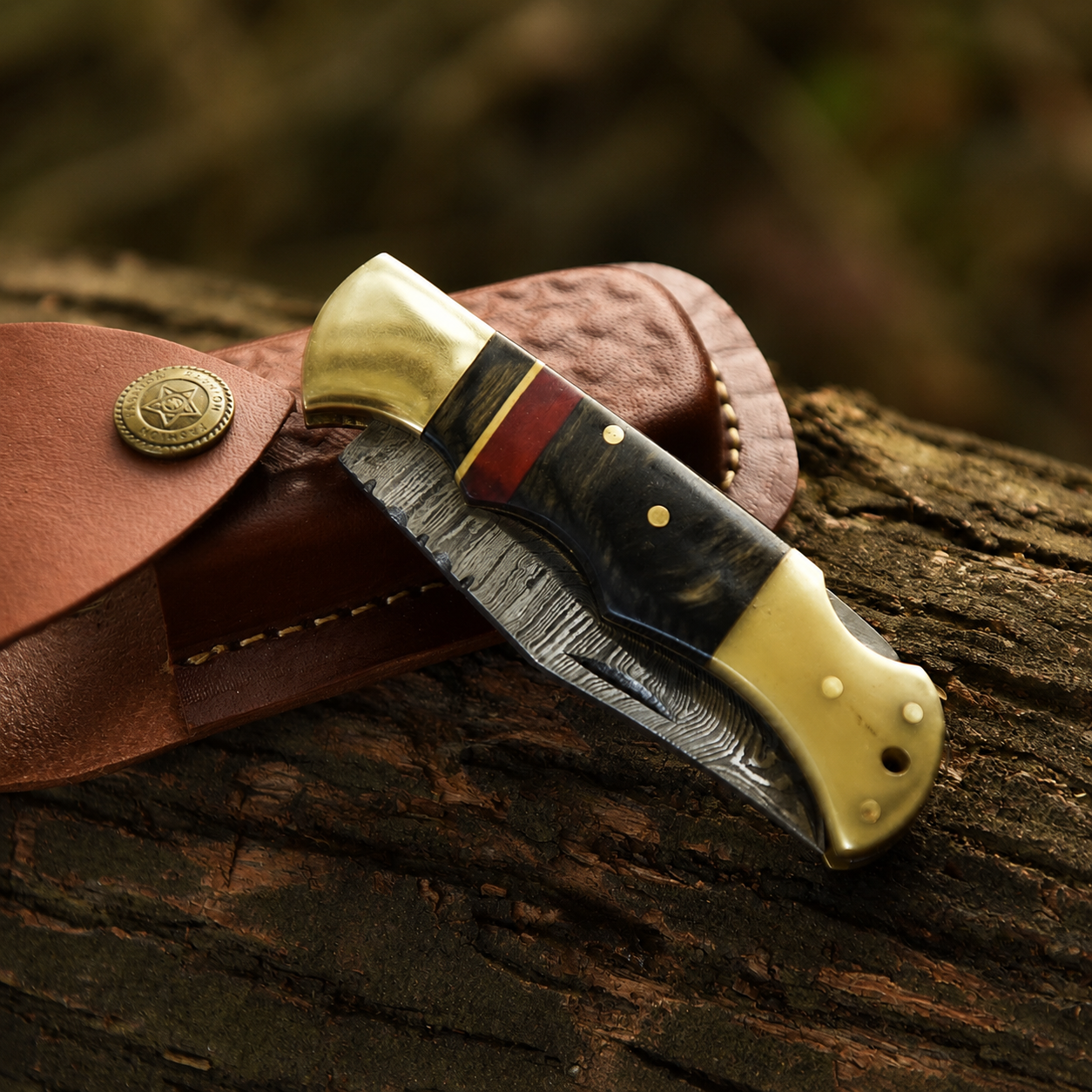 Handmade Damascus Steel Folding Pocket Tool – Back Lock Outdoor Utility with Leather Sheath