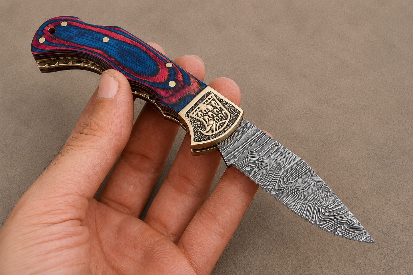 Hand Forged Damascus Steel Folding Pocket Knife with Wood Handle