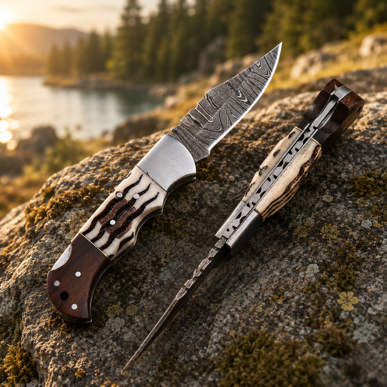 Personalized Damascus Folding Knife – Rosewood & Horn Handle Pocket Knife with Custom Engraving & Leather Sheath
