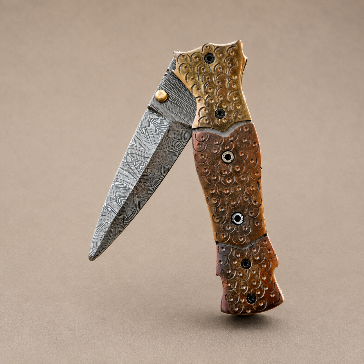 Hand Forged Damascus Steel Folding Pocket Knife with Engraved Steel Bolster