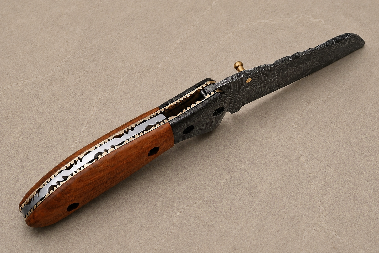 Handmade 512-Layer Damascus Steel Folding Utility Knife with Olive Wood Handle & Leather Sheath