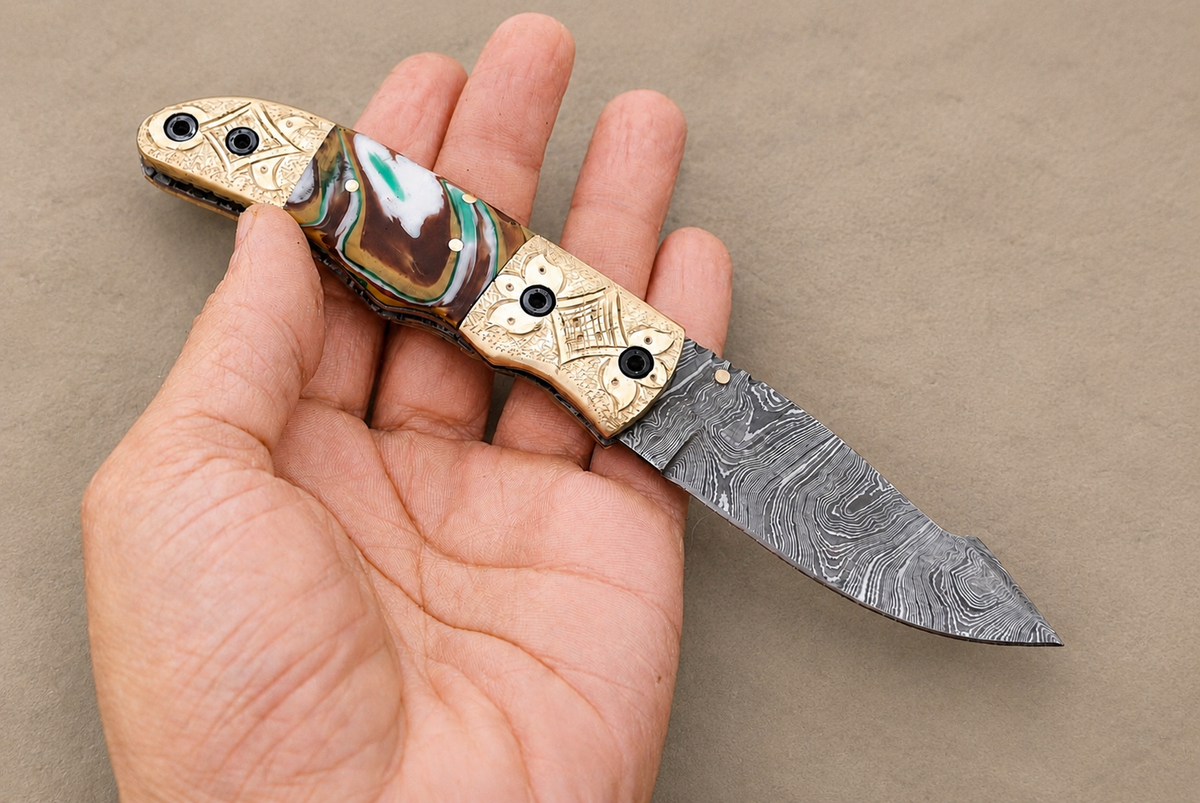 Hand Forged Damascus Steel Folding Pocket Knife – 512 Layers with Wood & Steel Bolster Handle and Leather Sheath