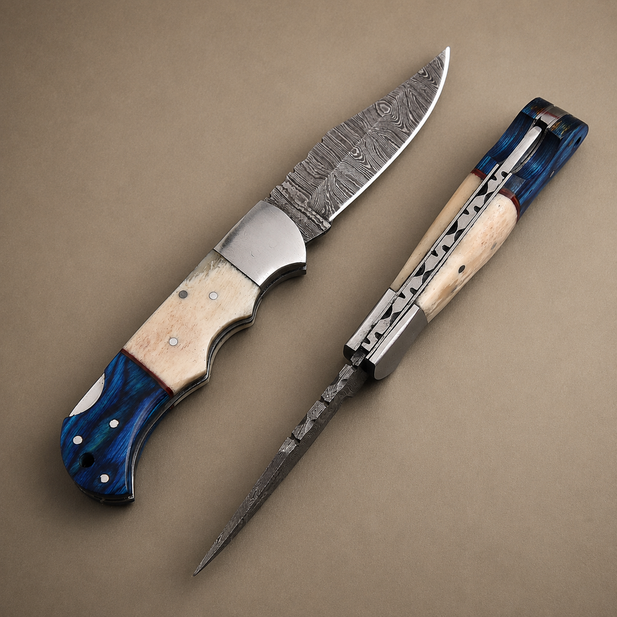 Blue Ridge Damascus Folding Knife – Bone & Blue Wood Handle with Custom Engraving