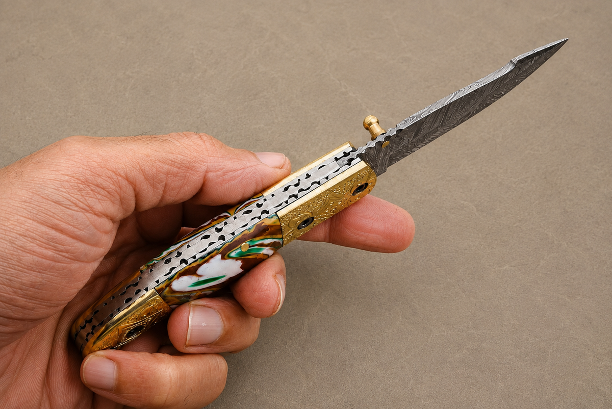 Hand Forged Damascus Steel Folding Pocket Knife – 512 Layers with Wood & Steel Bolster Handle and Leather Sheath