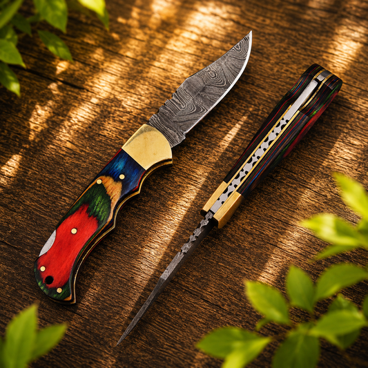 Handcrafted Damascus Steel Folding Utility Knife – Premium Outdoor Tool with Wood & Brass Handle