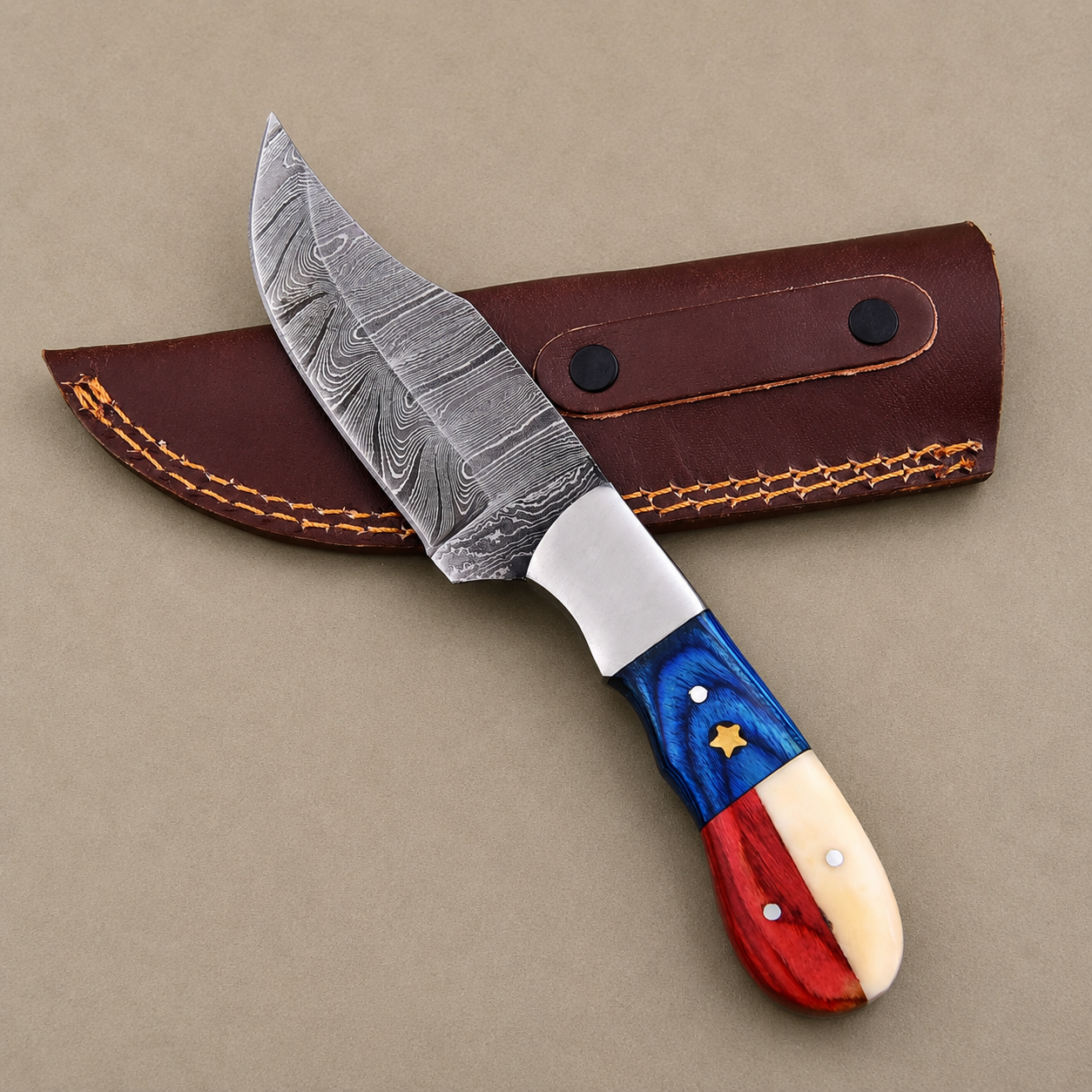 Damascus Steel Fixed Blade Knife with Texas Flag Color Bone & Pakka Wood Handle, Genuine Leather Sheath