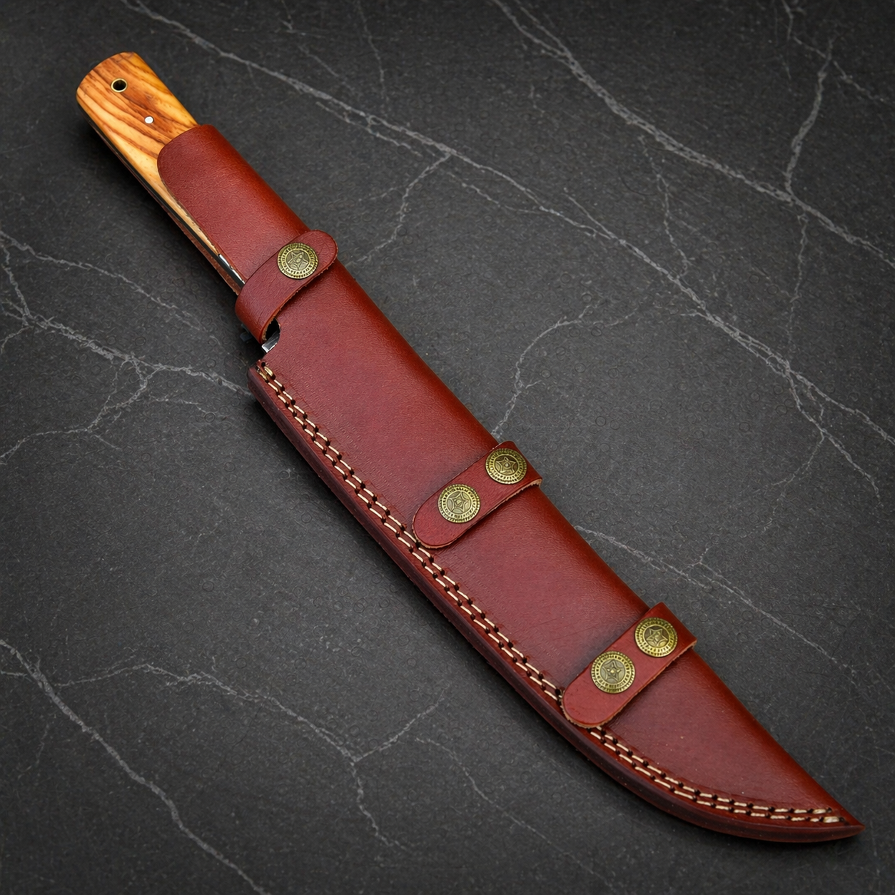 Handmade Damascus Steel Brisket Chef Knife with Wood Handle & Leather Sheath