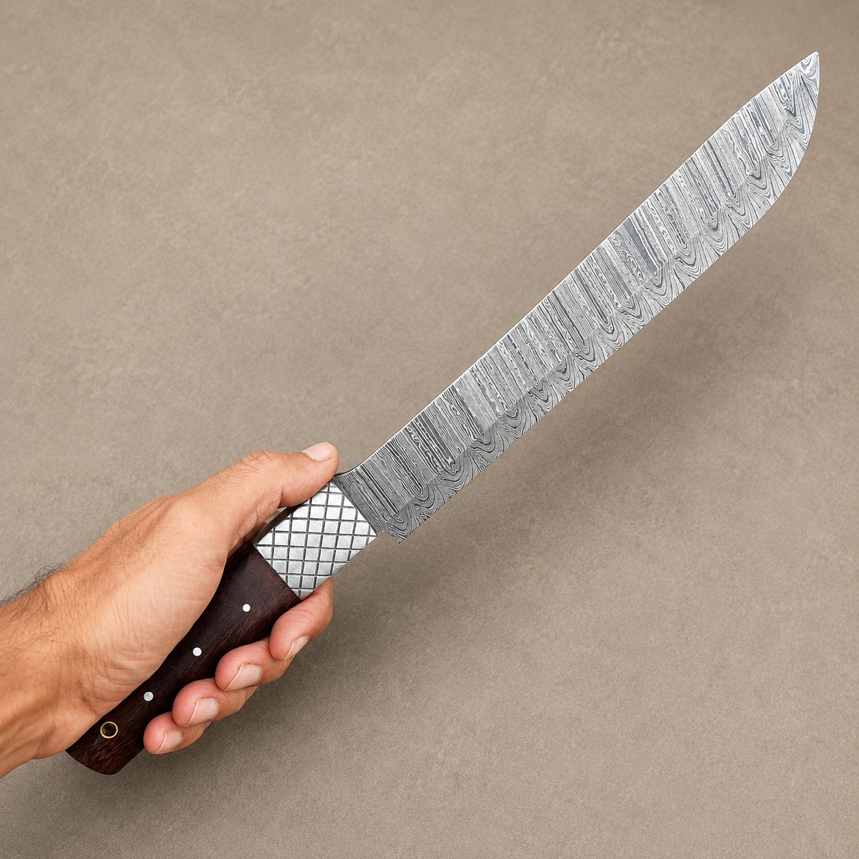 Smokehouse Damascus Brisket Knife – 15-Inch Hand Forged Chef Knife with Wood Handle & Leather Sheath