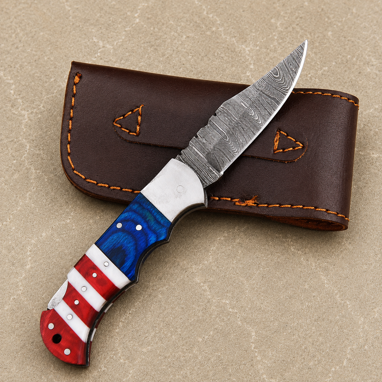 Artisan Folding Damascus Steel Pocket Knife – Blue & Red  Pakka Wood & Ivory Bone Handle, Steel Bolster & Classic Back Lock
