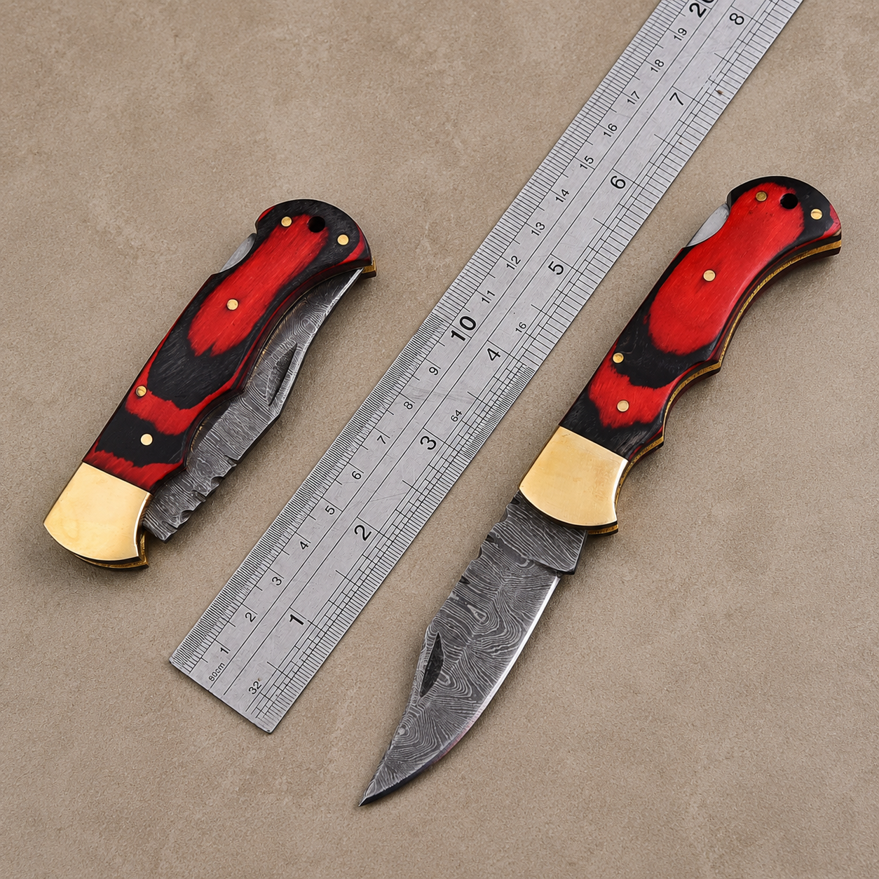 Artisan Folding Knife – Red Pakka Wood Handle, Brass Bolsters, Back Lock & Leather Sheath