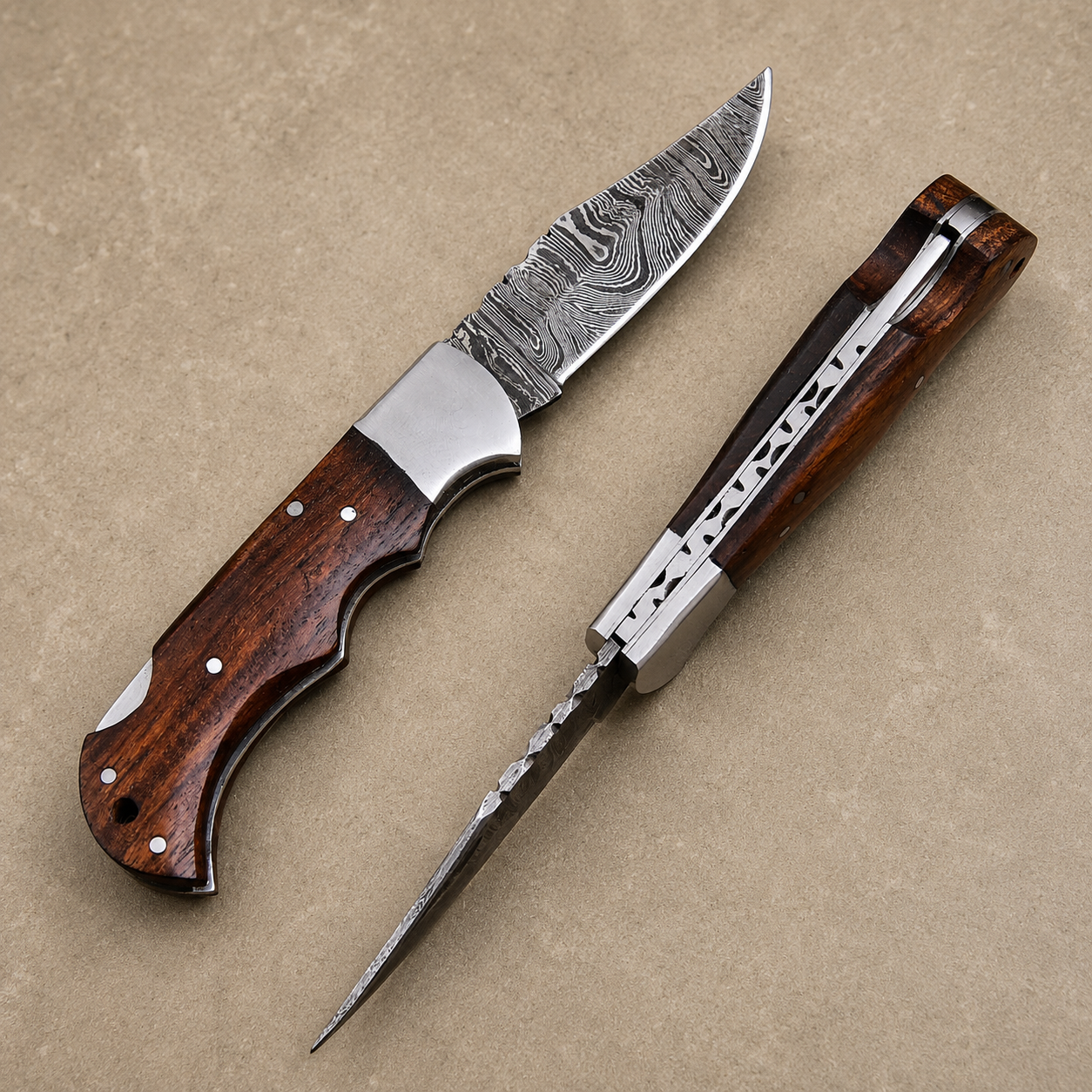 Artisan Damascus Folding Knife – Mocha Brown Rose Wood Handle
