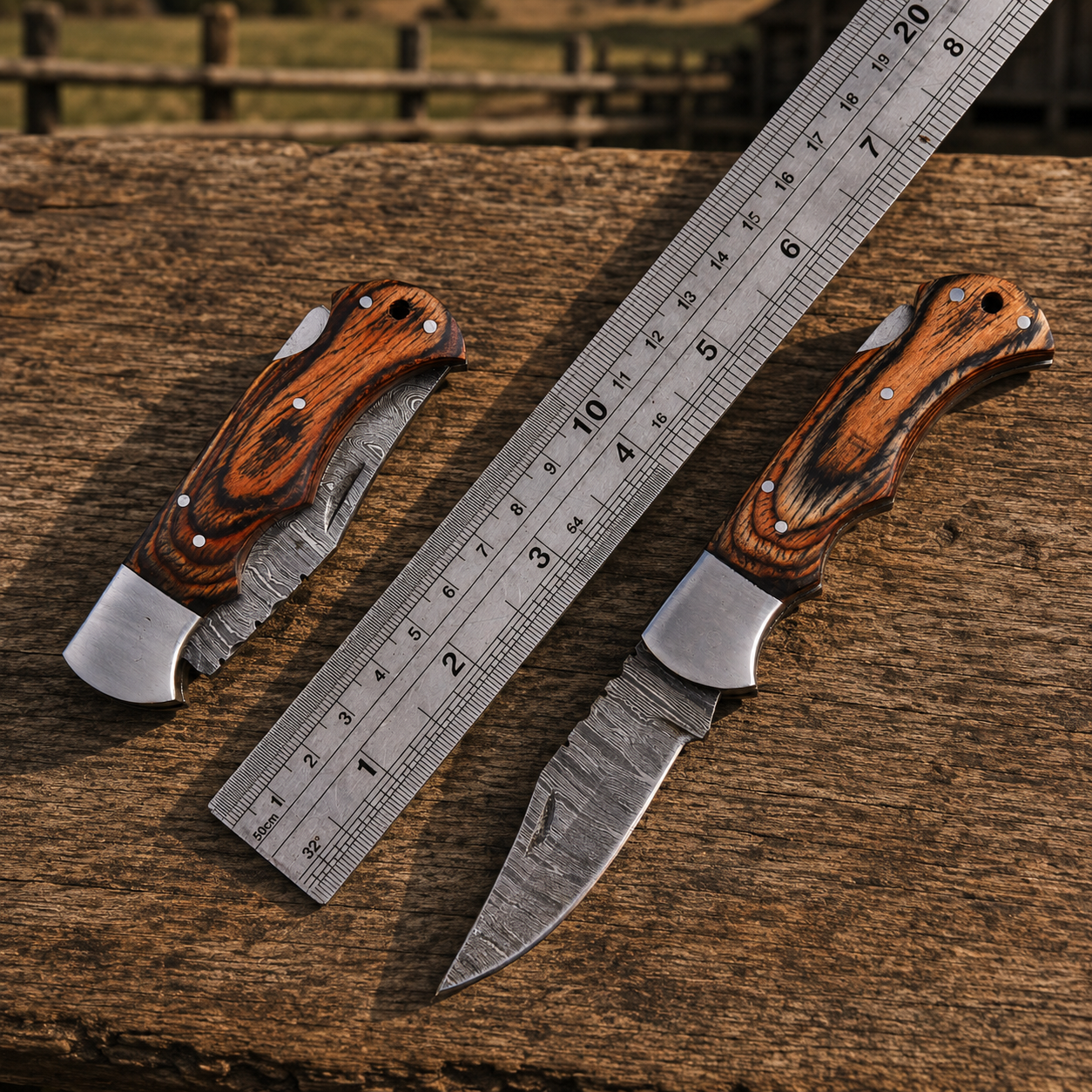 Artisan Folding Damascus Steel Pocket Knife – Brown Pukka Wood Handle | Steel Bolster | Classic Back Lock