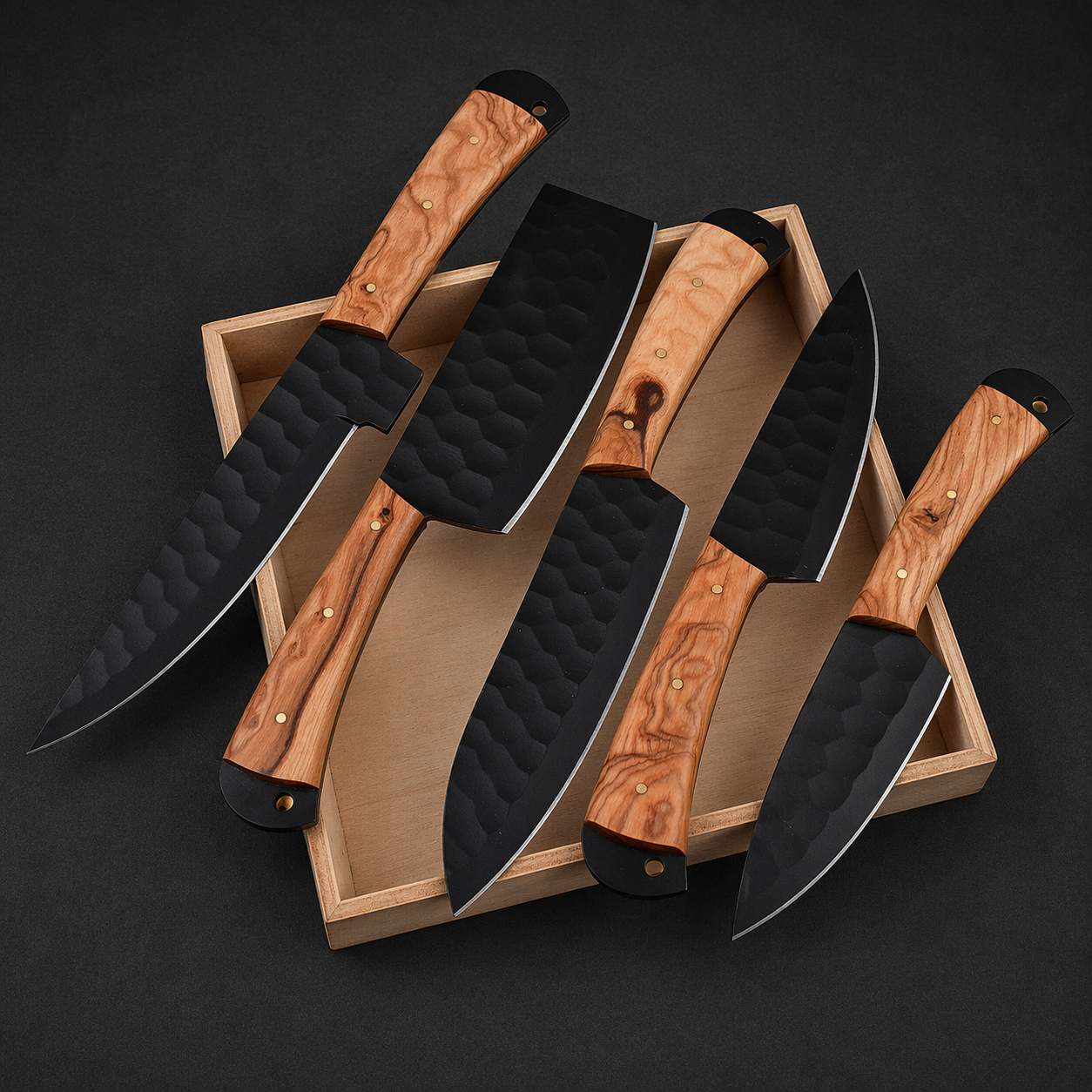 Hand Forged Carbon Steel Chef Knife Set – 5 Piece Kitchen Set with Engraved Wood Handles & Leather Sheath
