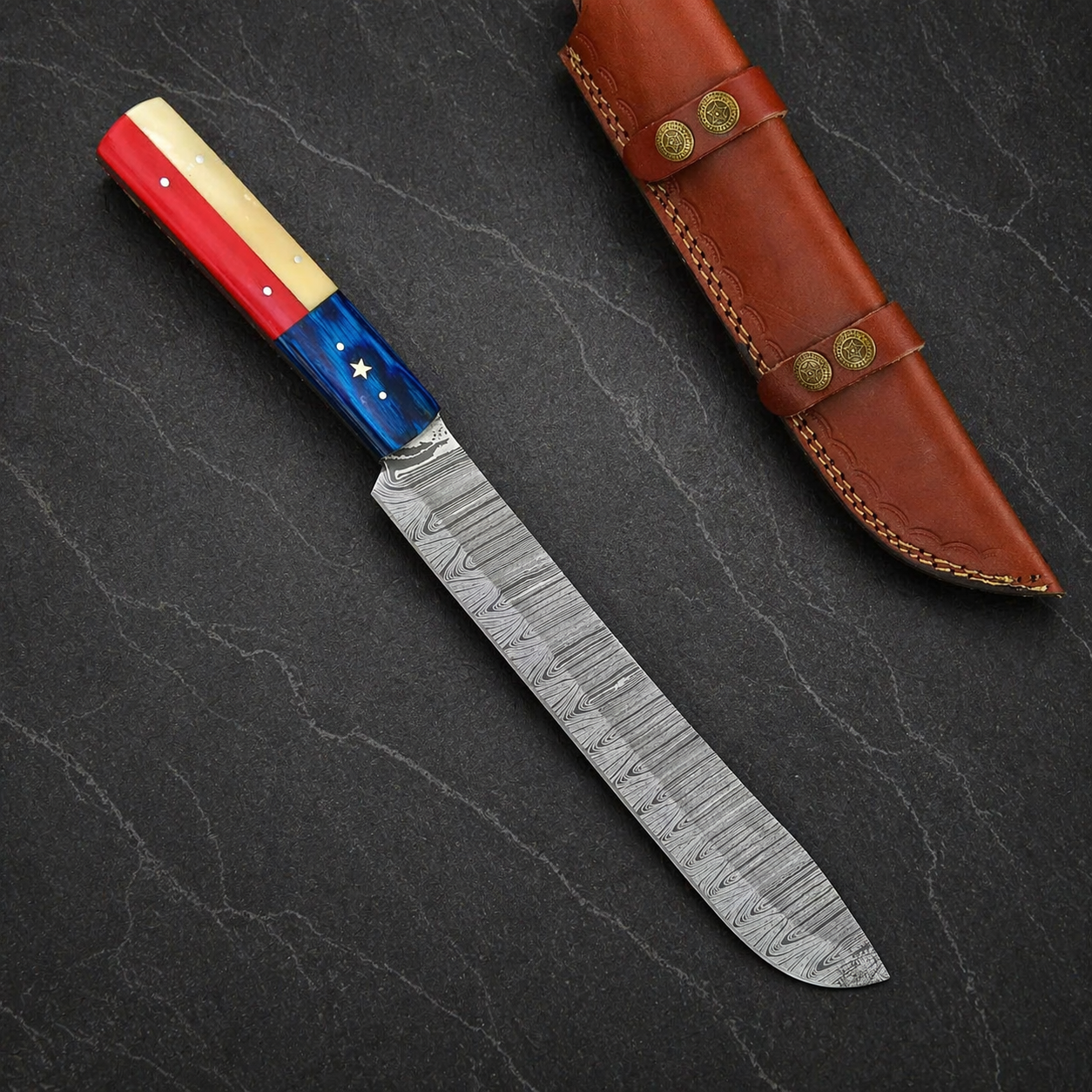 Hand Forged Damascus Steel Brisket Chef Knife – 10” Blade with Texas Flag Handle | 512 Layers