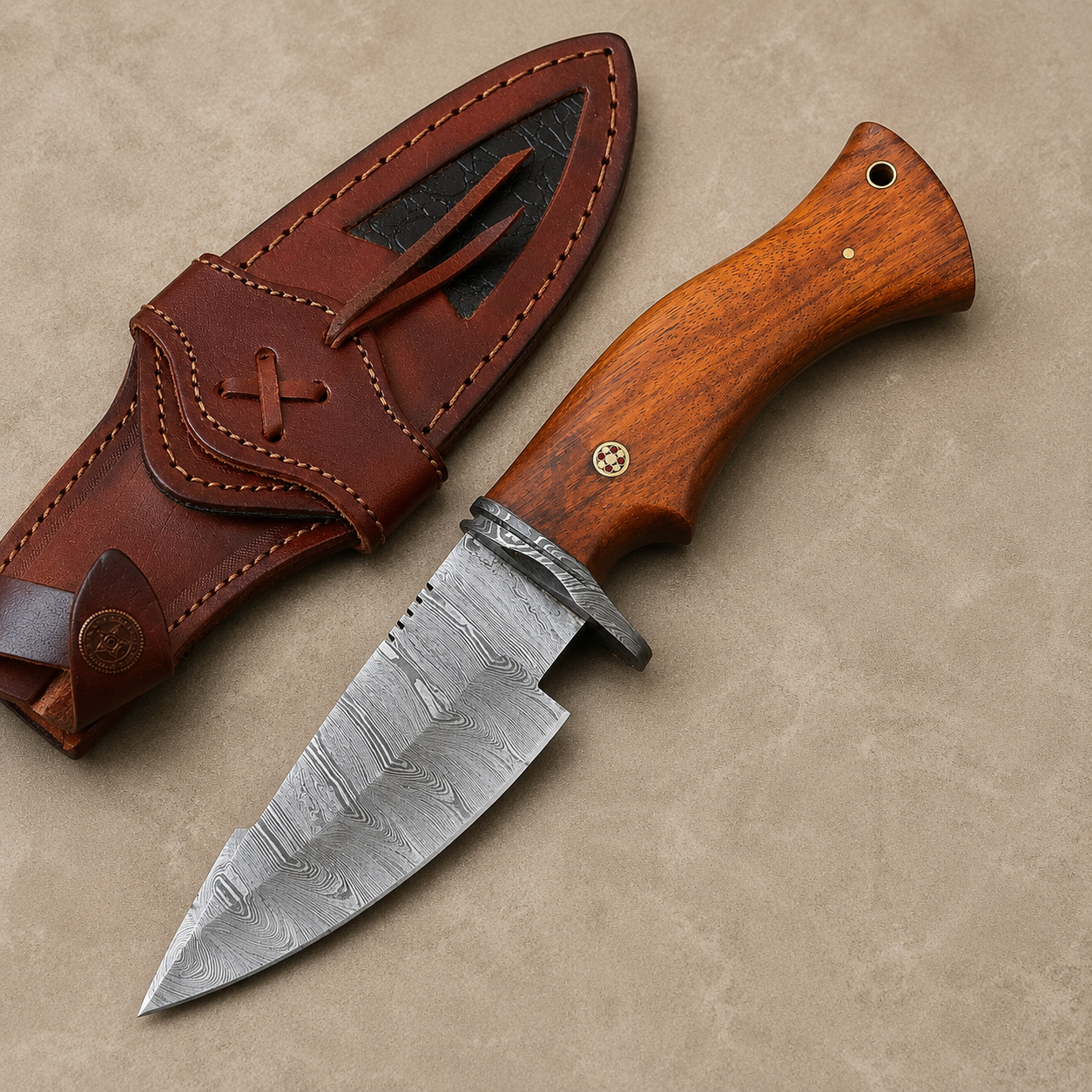 Frontier Legacy Damascus Steel Fixed Blade Knife – 512 Layer Hand Forged Blade with Wood Handle & Leather Sheath