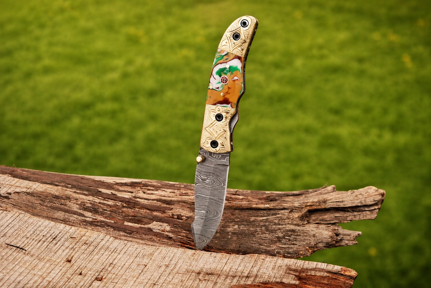 Hand Forged Damascus Steel Folding Pocket Knife – 512 Layers with Wood & Steel Bolster Handle and Leather Sheath