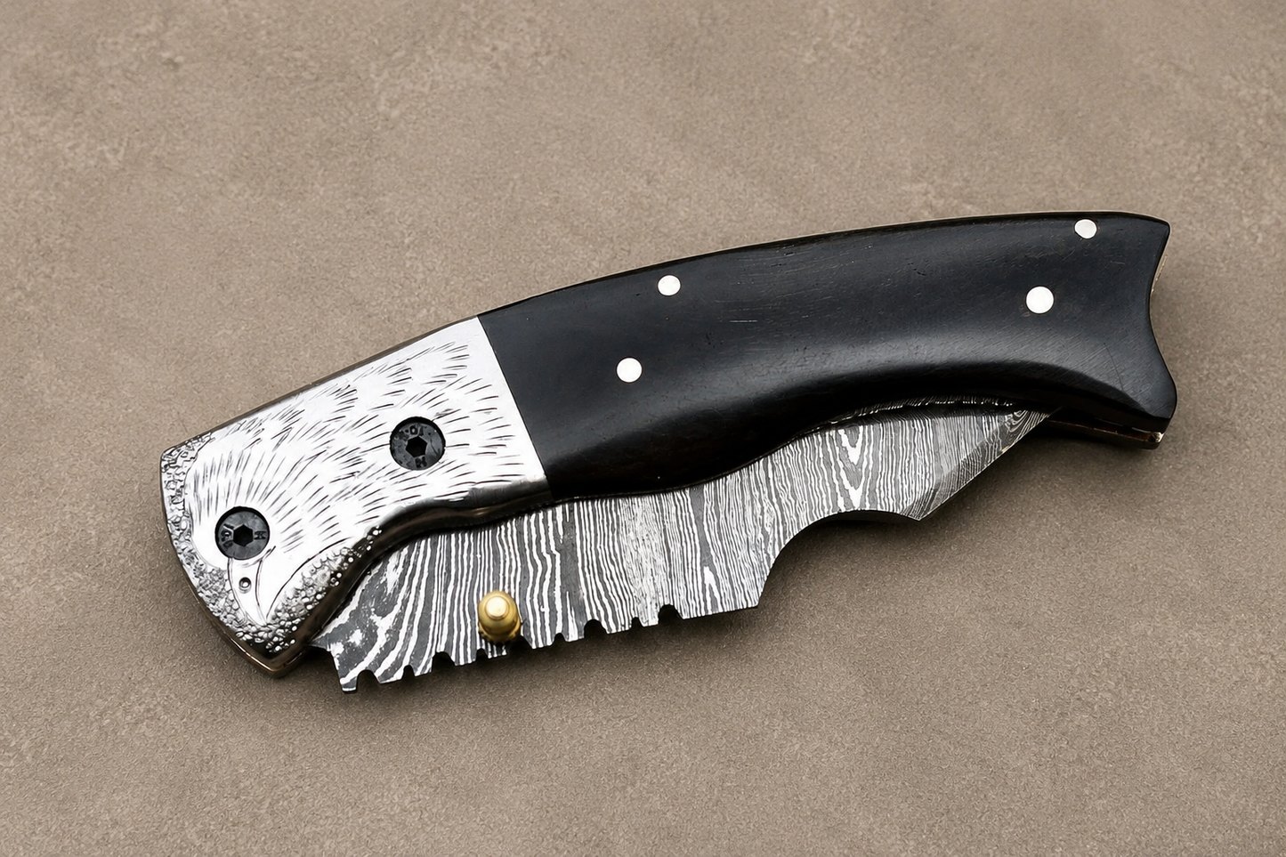 Hand Forged Damascus Steel Folding Knife with Bull Horn Handle