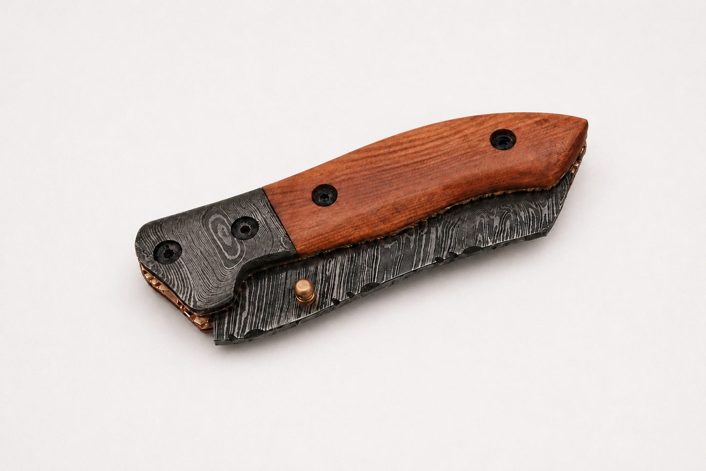 Handmade 512-Layer Damascus Steel Folding Utility Knife with Olive Wood Handle & Leather Sheath