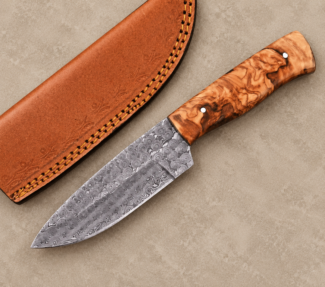 Rain Drop Damascus Steel Utility Knife – Hand Forged 512-Layer Fixed Blade with Natural Wood Handle & Leather Sheath