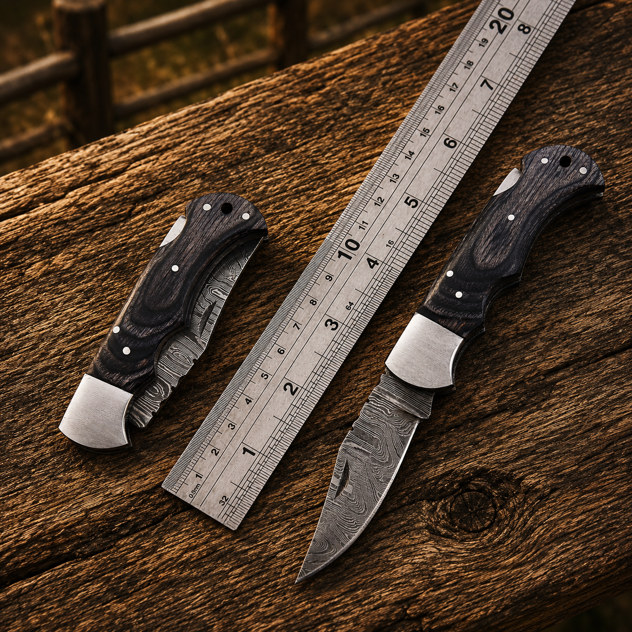 Artisan Folding Damascus Steel Pocket Knife – Black Pukka Wood Handle | Steel Bolster | Classic Back Lock