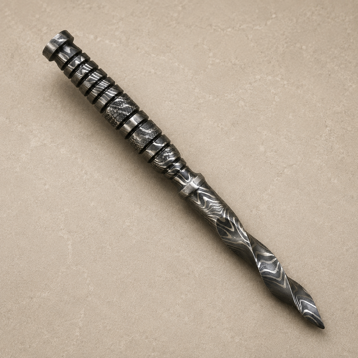 Wave Crest Damascus Steel Knife – 512 Layer Hand Forged Twist Pattern Blade with Leather Sheath