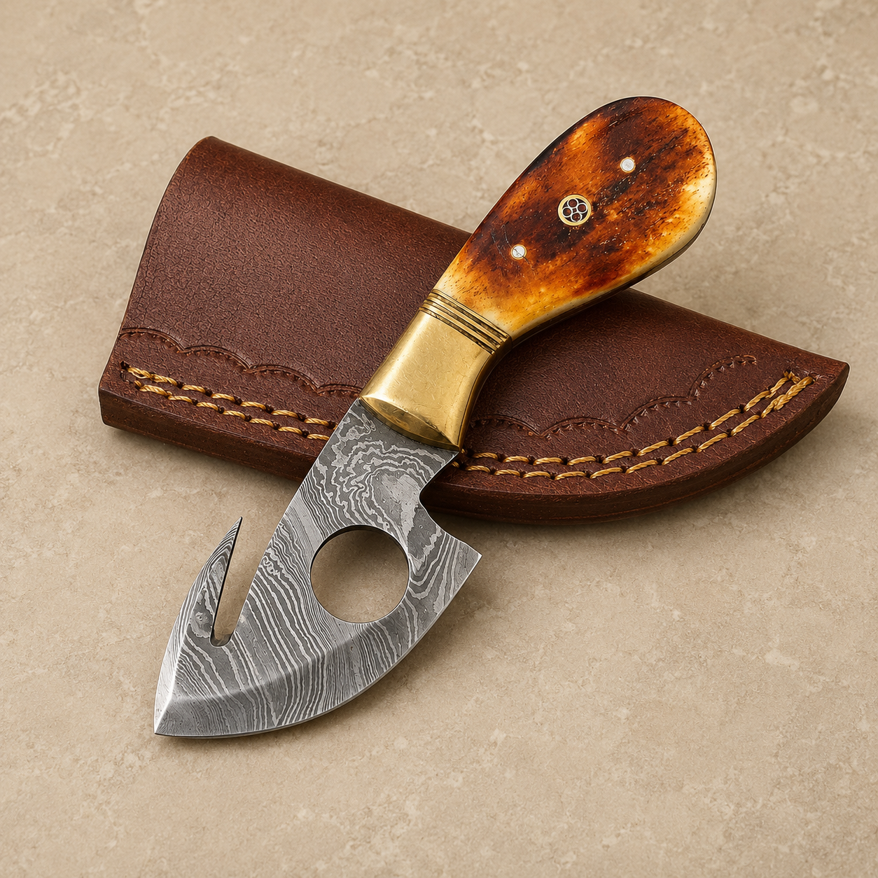 Bone Crest Damascus Steel Utility Knife – 512 Layer Hand Forged Compact Fixed Blade with Bone Handle & Leather Sheath