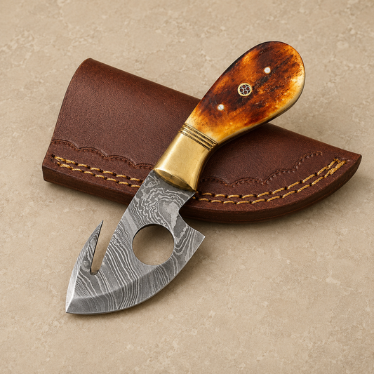 Bone Crest Damascus Steel Utility Knife – 512 Layer Hand Forged Compact Fixed Blade with Bone Handle & Leather Sheath