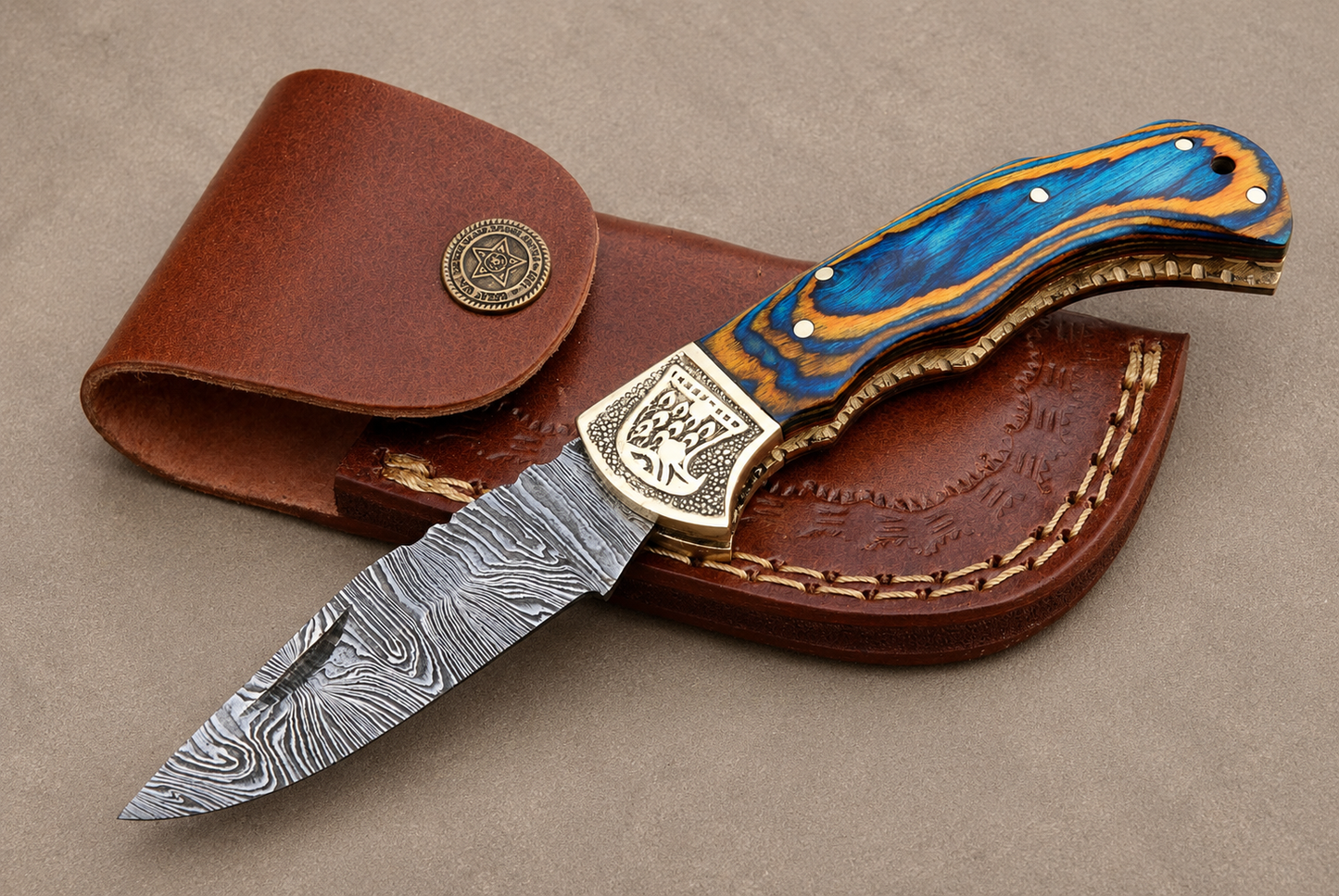 Hand Forged Damascus Steel Folding Pocket Knife with Wood Handle