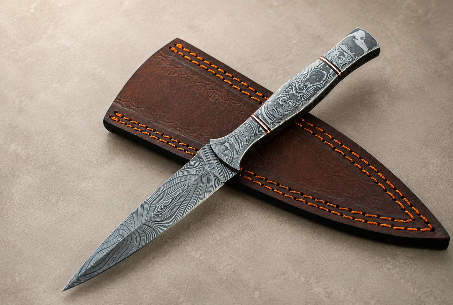 Hand Forged Damascus Steel Fixed Blade Utility Knife – Handmade Premium Damascus Handle with Leather Sheath