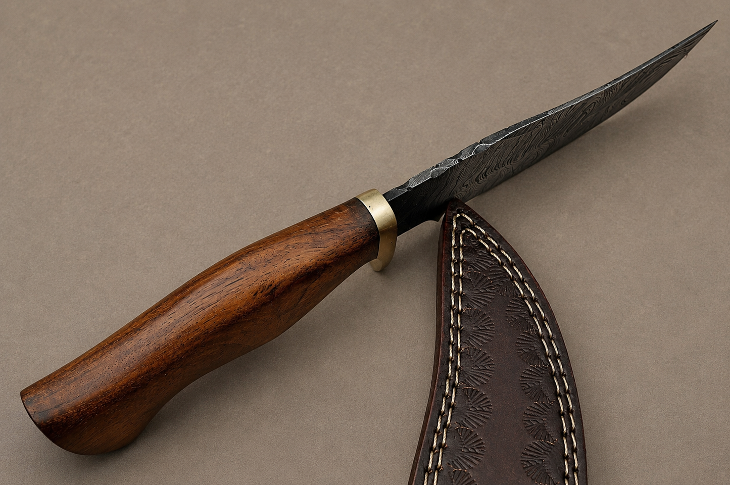 Timber Ridge Damascus Steel Knife – 512 Layer Hand Forged Blade with Wood Handle, Brass Guard & Leather Sheath