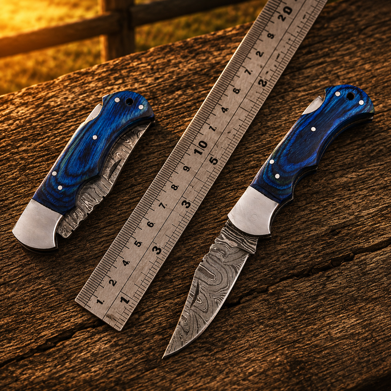 Artisan Folding Damascus Steel Pocket Knife – Blue Pukka Wood Handle | Steel Bolster | Classic Back Lock
