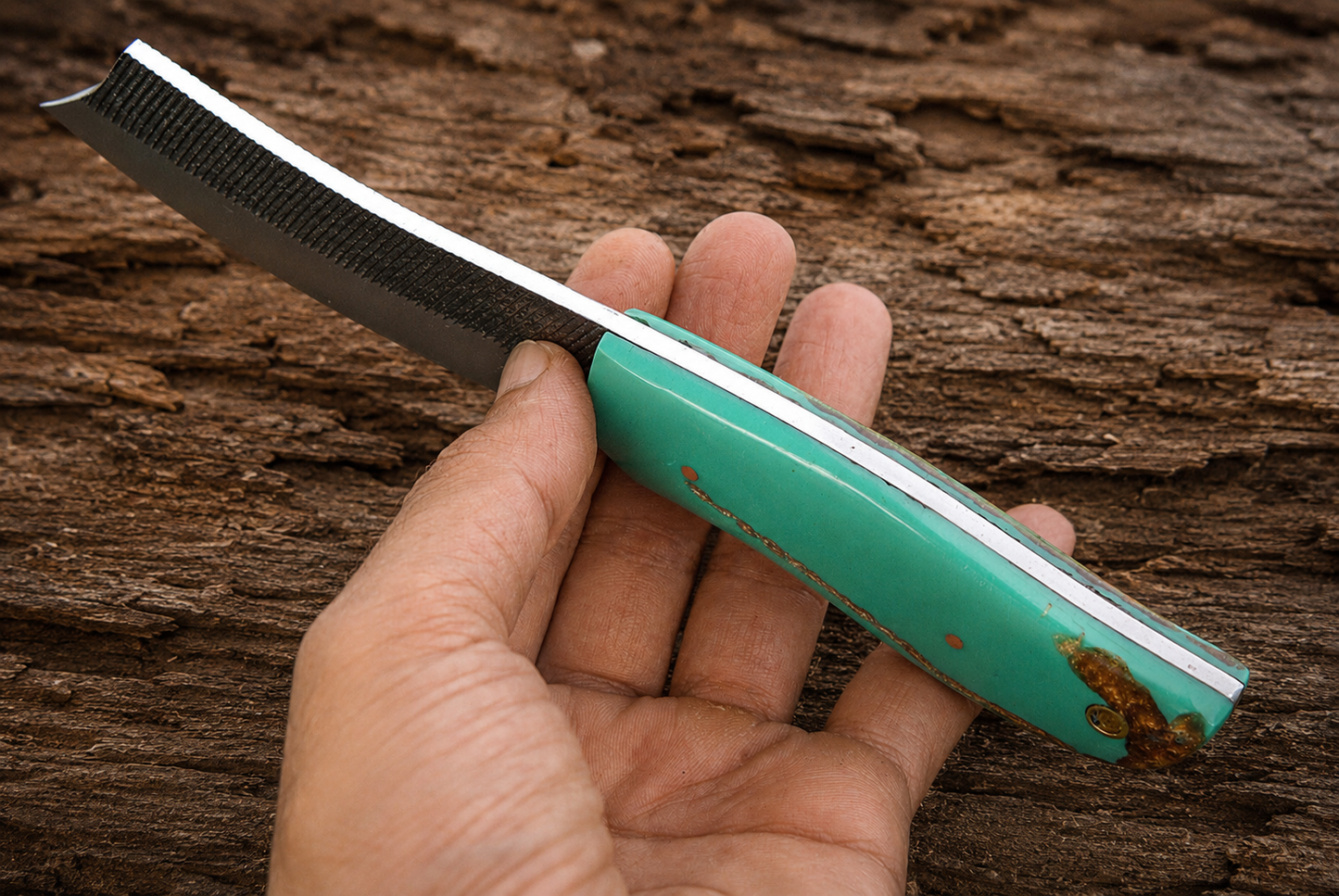 Hand Forged Railroad Spike Fixed Blade Knife – Rustic Steel Knife with Resin Handle & Leather Sheath