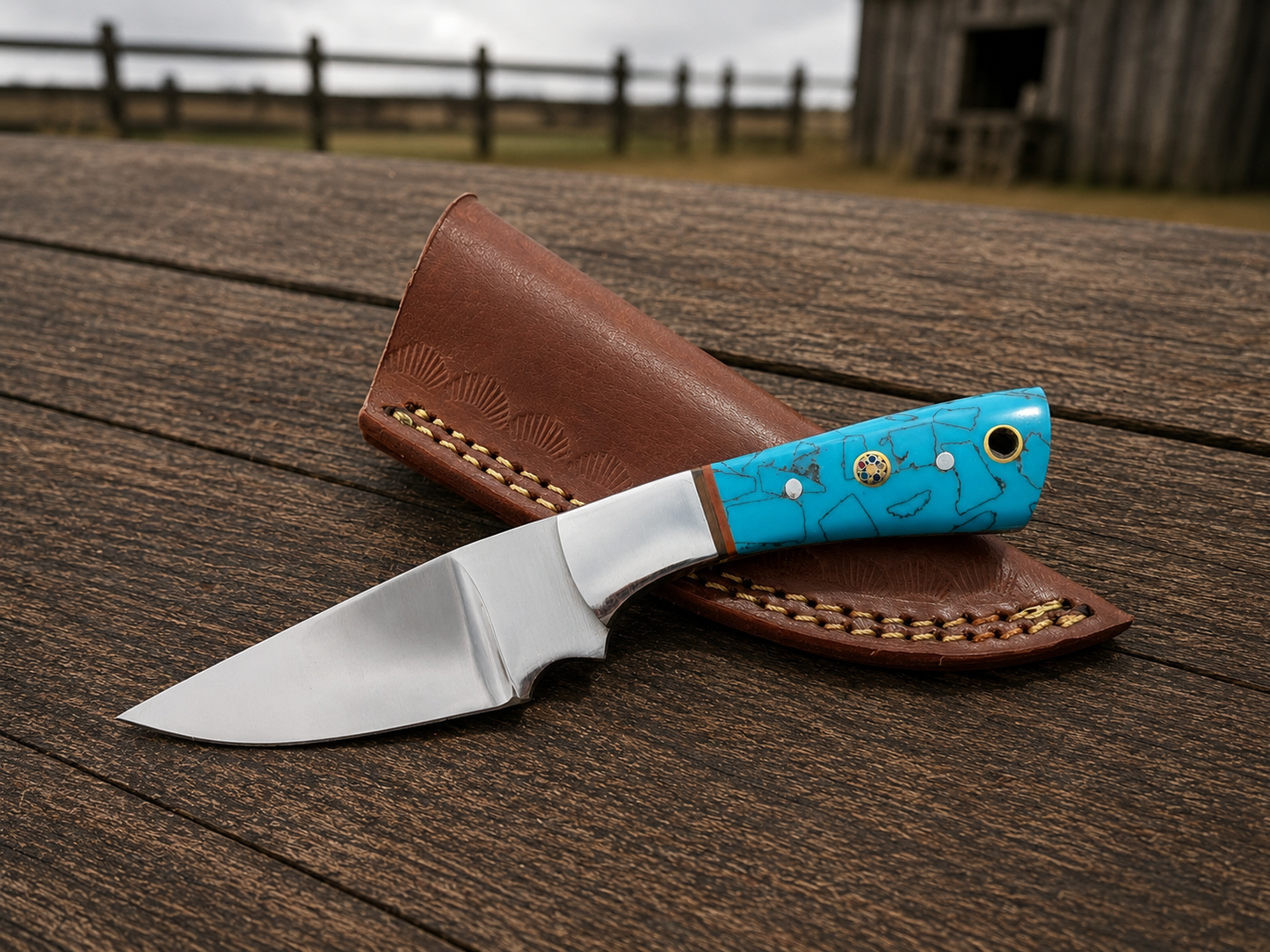 Handmade D2 Steel Fixed Blade Knife with Resin Handle & Leather Sheath – Mirror Polished Finish