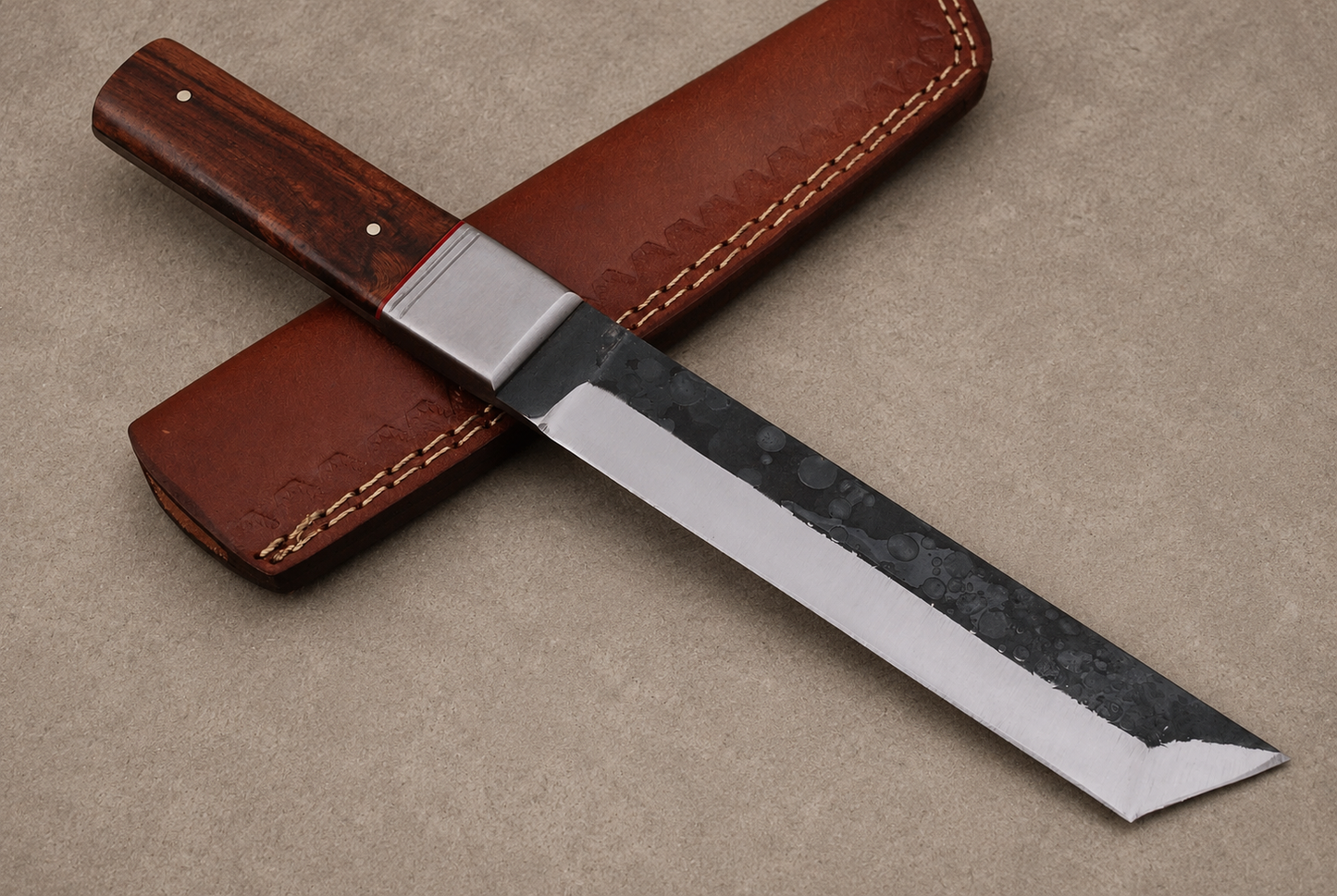 Iron Peak Carbon Steel Knife – Hand Forged Angled Blade with Wood Handle & Leather Sheath