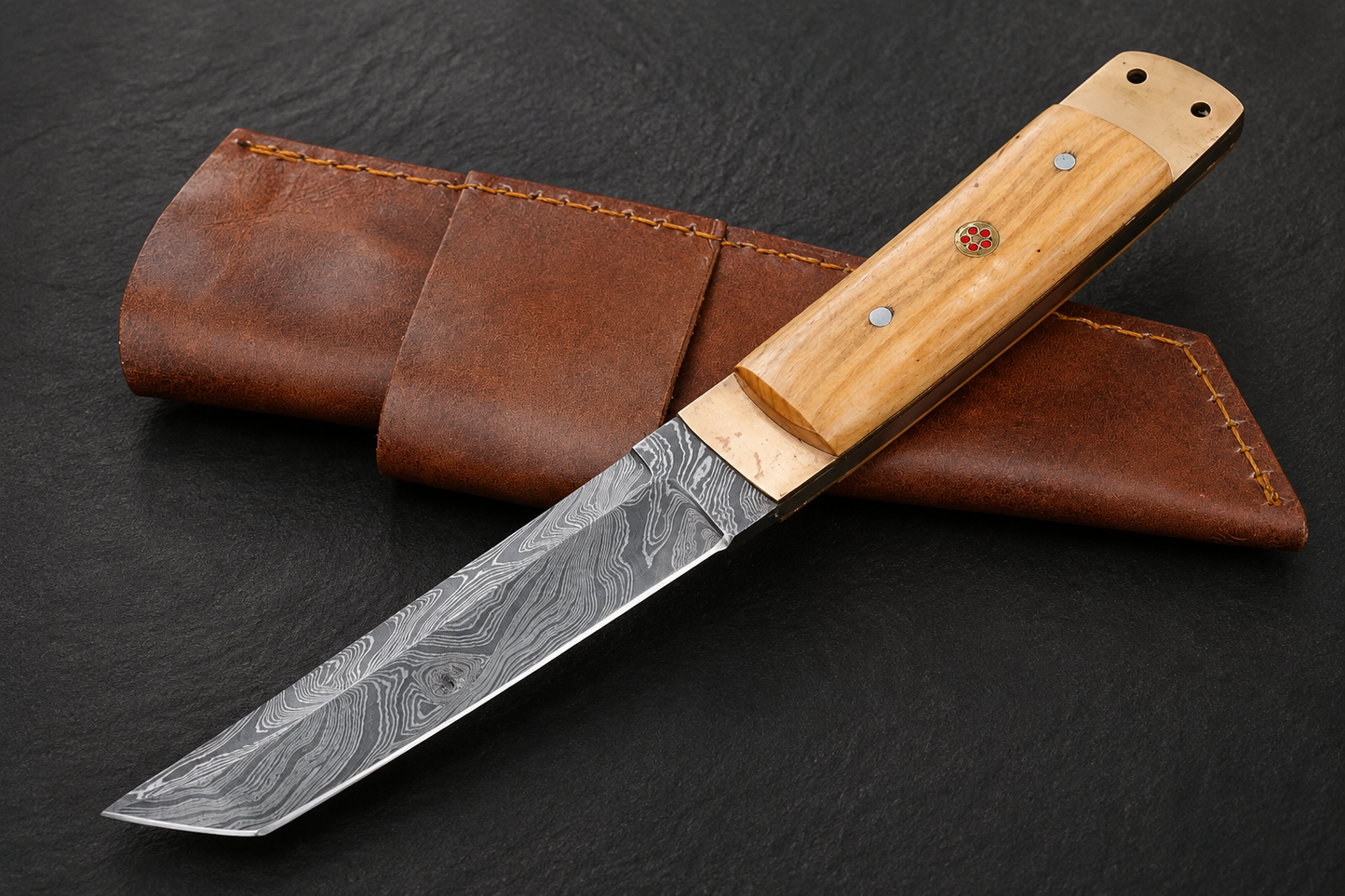 Copper Grove Damascus Steel Utility Knife – 512 Layer Hand Forged Tanto-Style Blade with Olive Wood Handle, Copper Bolster & Leather Sheath