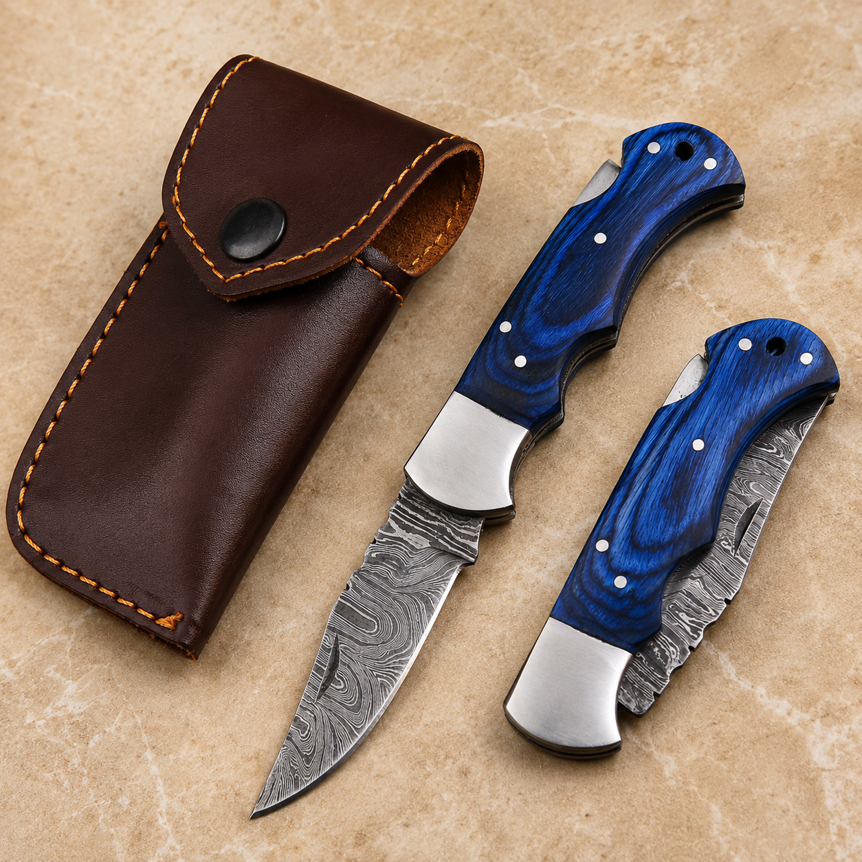 Artisan Damascus Steel Outdoor Folding Pocket Knife – Blue Pukka Wood Handle | Steel Bolster | Classic Back Lock