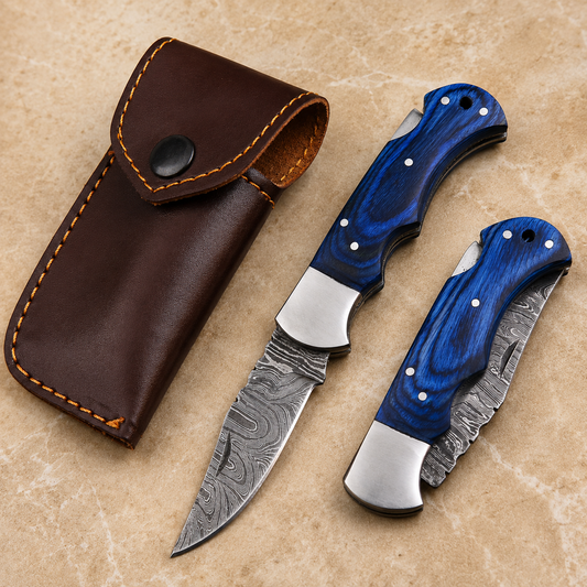Artisan Damascus Steel Outdoor Folding Pocket Knife – Blue Pukka Wood Handle | Steel Bolster | Classic Back Lock