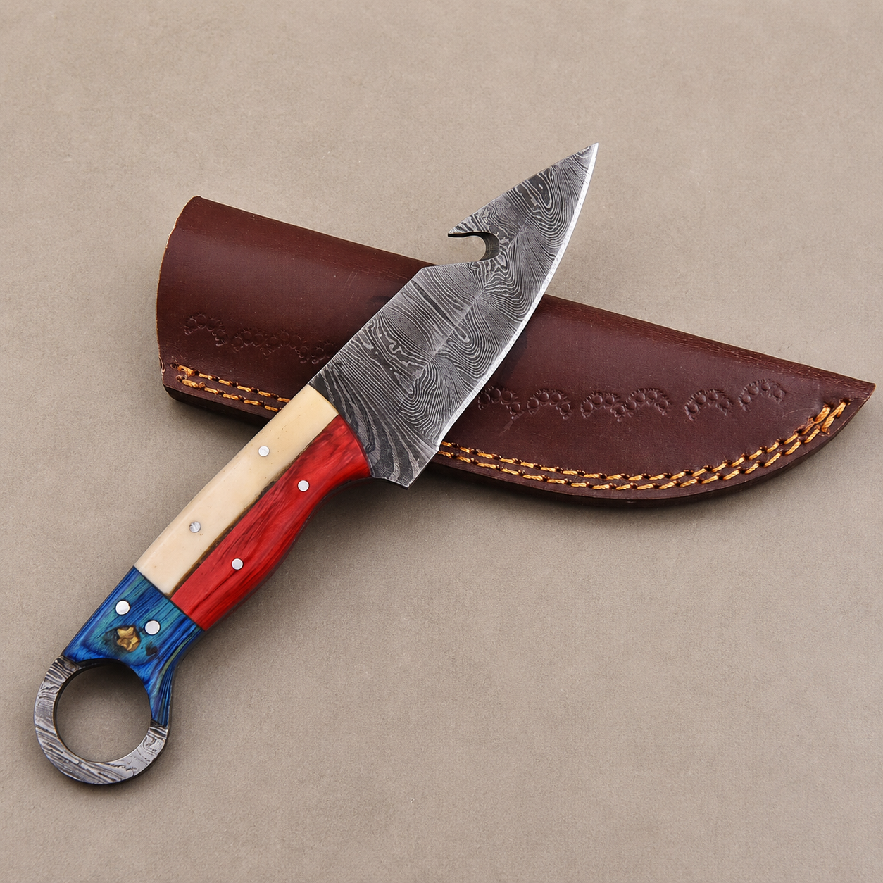 Hand Forged Damascus Steel Fixed Blade Knife with Texas Flag Bone & Wood Handl