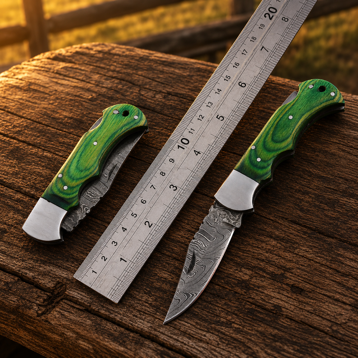 Artisan Folding Damascus Steel Knife – Premium Wood Handle | Steel Bolster |Green Handle| Classic Lock back
