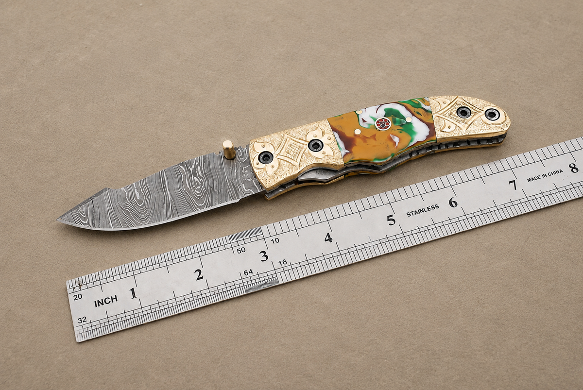 Hand Forged Damascus Steel Folding Pocket Knife – 512 Layers with Wood & Steel Bolster Handle and Leather Sheath