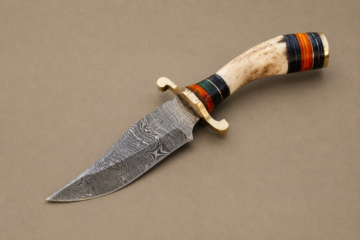 Heritage Damascus Steel Knife – Hand Forged 512-Layer Blade with Stag Handle With Brass Guard