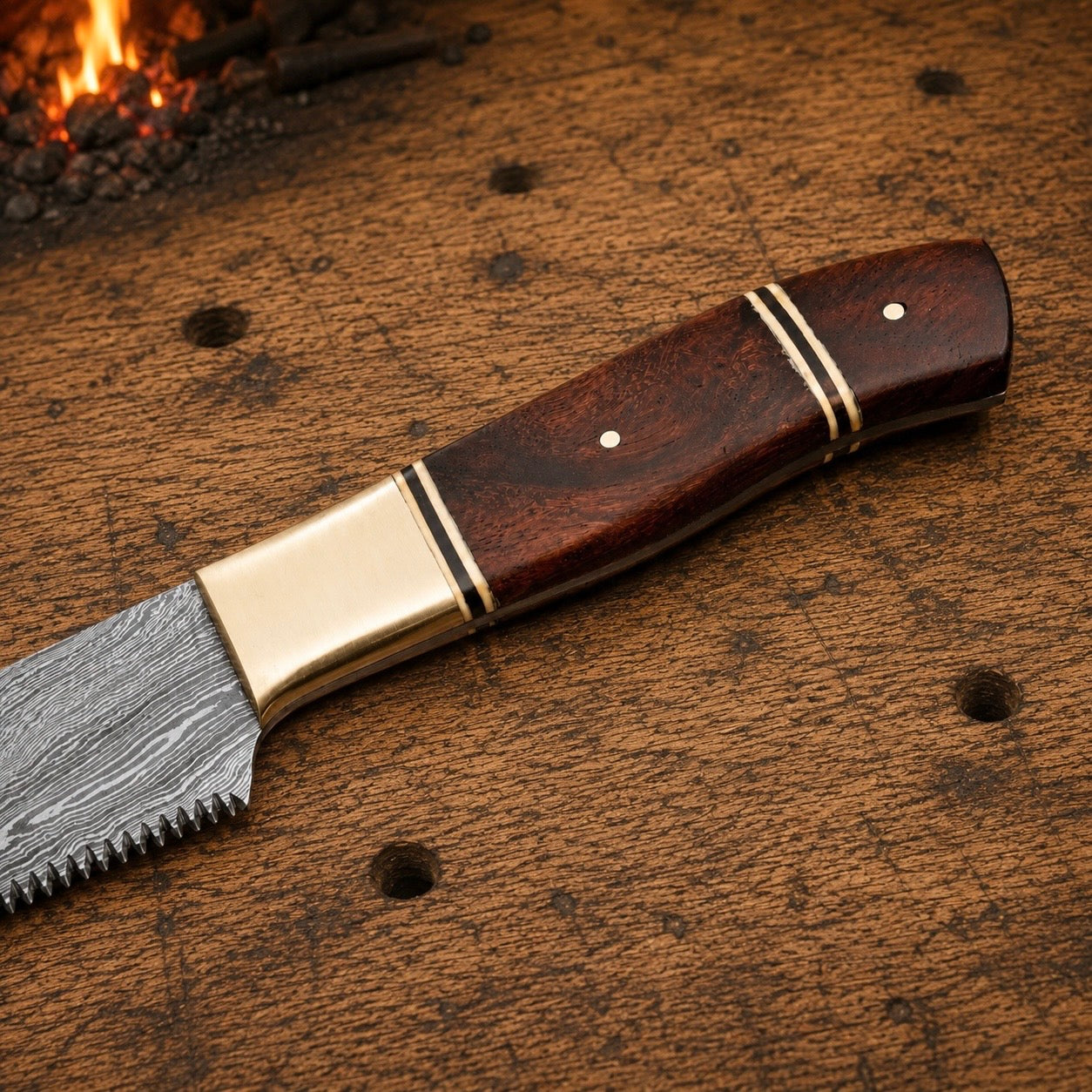 12" Hand Forged Damascus Steel Bread Knife with Wood & Brass Handle – 512 Layers Professional Kitchen Knife