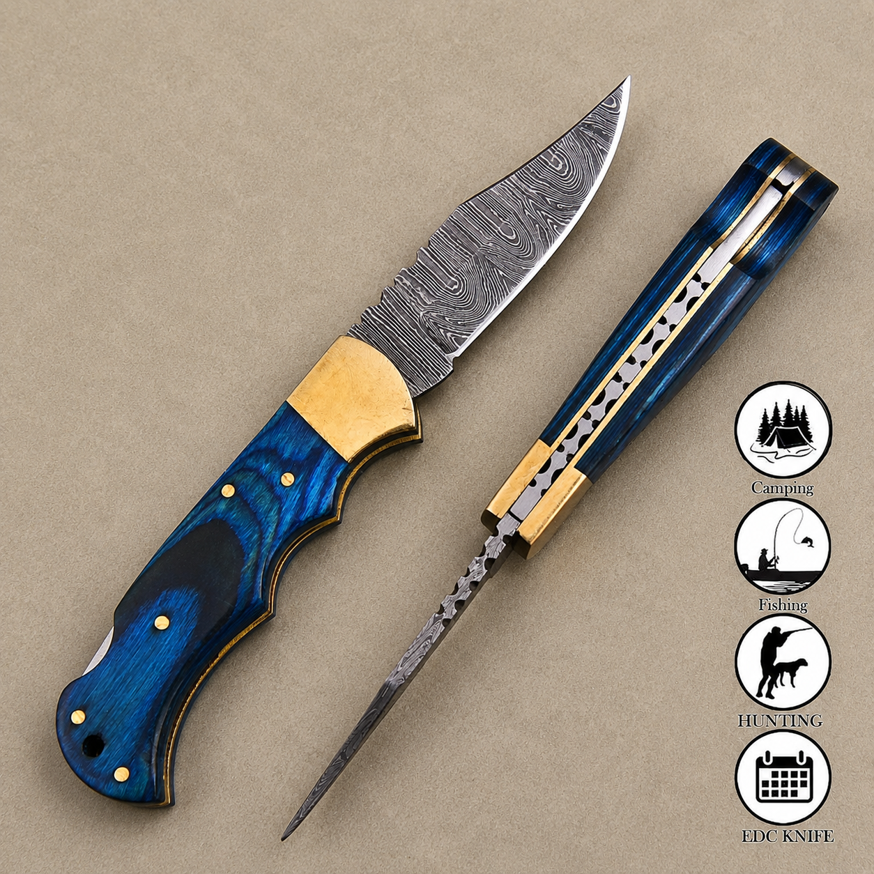 Cobalt Crest Damascus Folding Knife – Hand Forged Steel with Blue Pakka Wood Handle, Brass Bolster & Leather Sheath