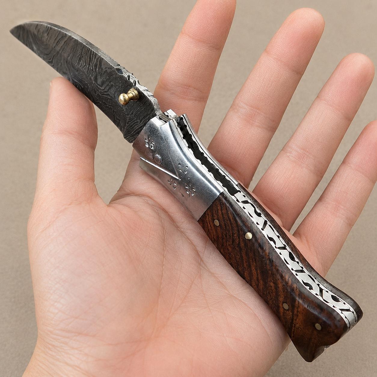 Hand Forged Damascus Steel Folding Pocket Knife with Wood Handle