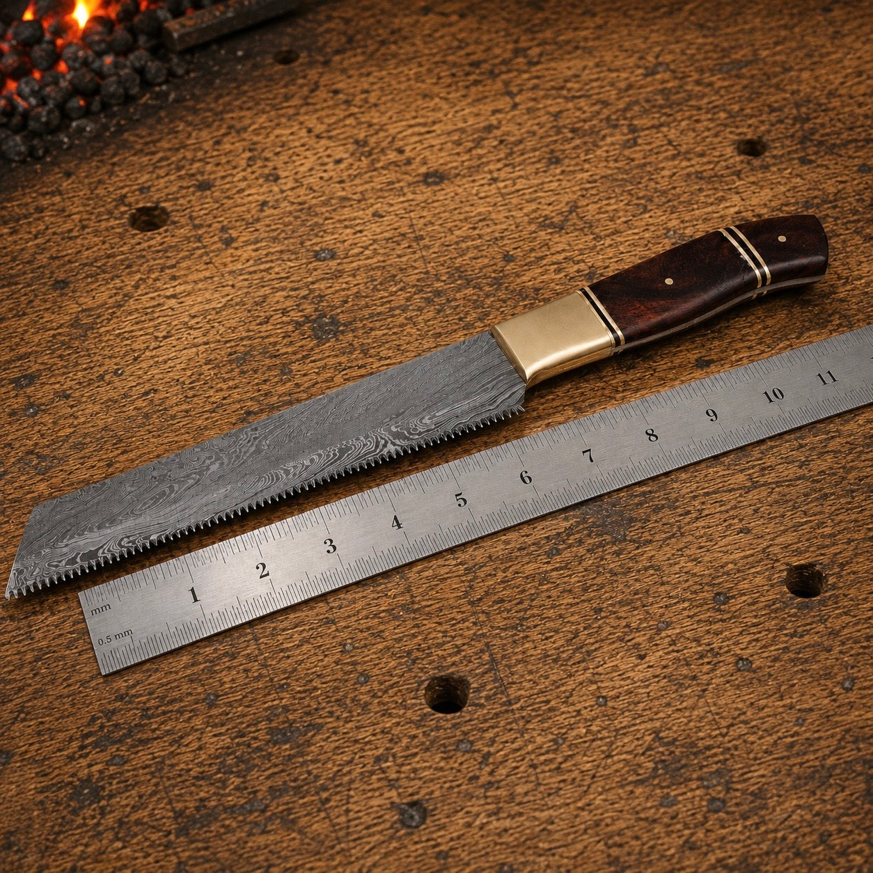 12" Hand Forged Damascus Steel Bread Knife with Wood & Brass Handle – 512 Layers Professional Kitchen Knife