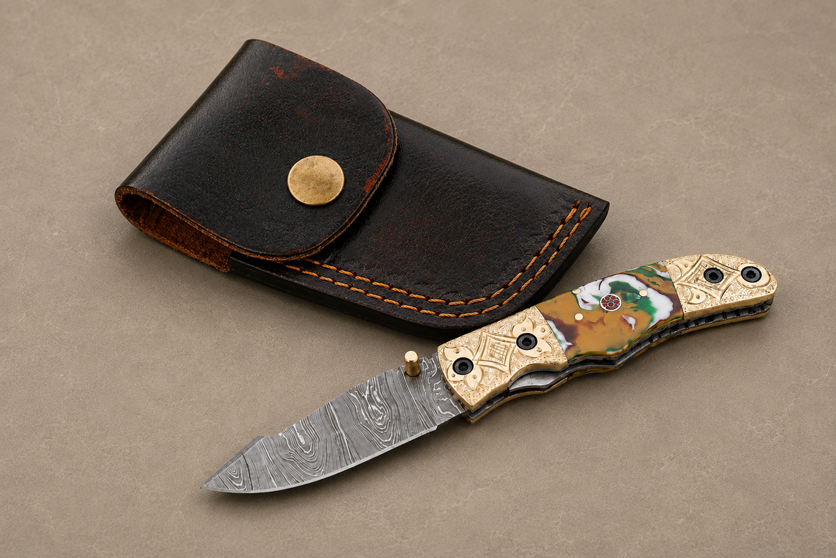 Hand Forged Damascus Steel Folding Pocket Knife – 512 Layers with Wood & Steel Bolster Handle and Leather Sheath
