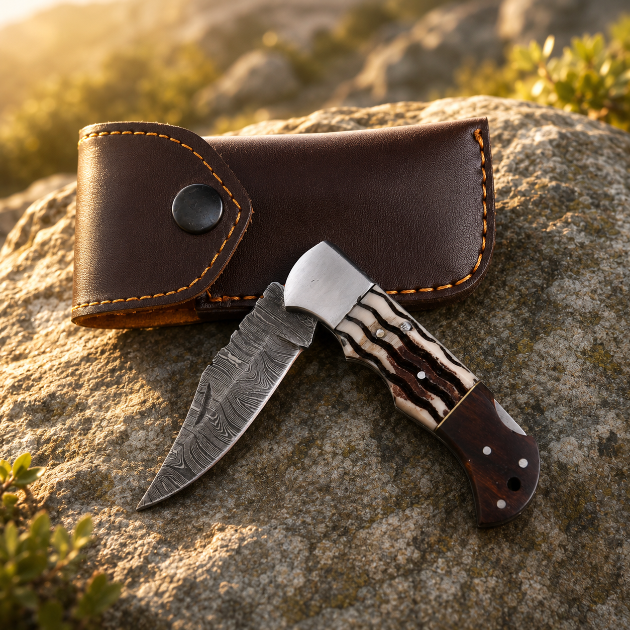 Personalized Damascus Folding Knife – Rosewood & Horn Handle Pocket Knife with Custom Engraving & Leather Sheath